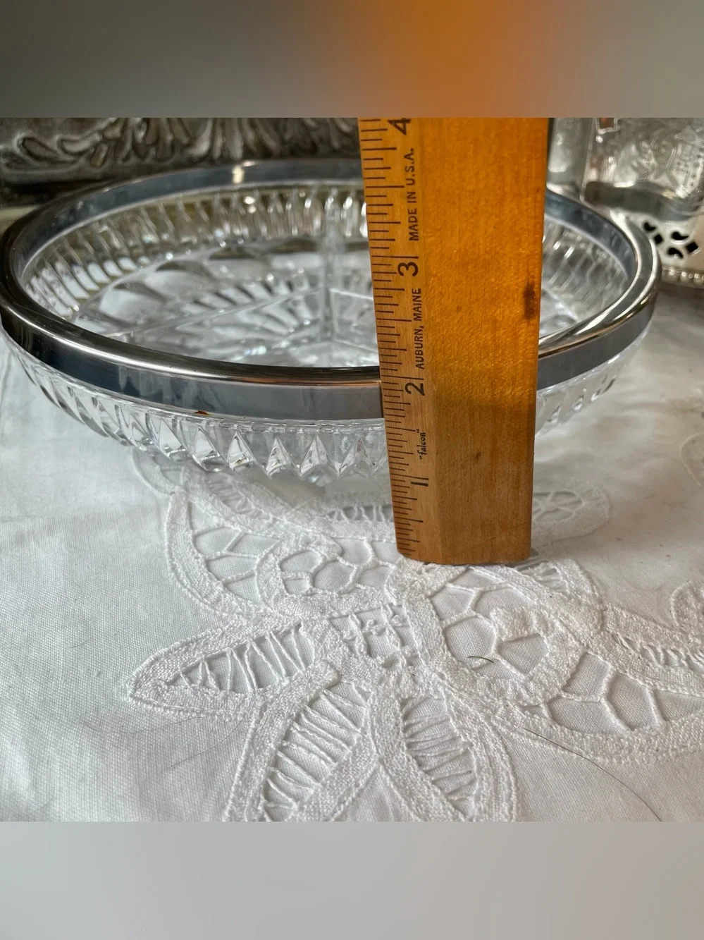 Faceted cut glass round serving dish silver rim Hollywood Regency